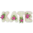 A freestanding, three-dimensional floral tribute spells the name 'KATE' in clear capital letters, each letter built from a dense carpet of small, pristine white chrysanthemums that give the blocks a soft, cloud-like surface. A pale pink satin ribbon traces the inner contours of each character, adding a subtle feminine edge and a gentle contrast against the pure white blooms. Hot pink roses - vivid fuchsia to deep magenta - are gathered into small clusters and placed as focal points across the letters: two open roses on the left arm of the K, a single prominent rose at the base of the A, a solitary bright rose at the foot of the T, and a duo of roses along the right side of the E. Interspersed among the roses are delicate light-pink spray flowers and curls of fern-like fronds, ruscus and variegated leaves that peek through the white chrysanthemum field, bringing fresh garden greens and textured movement to the composition.
Set against a clean, bright white background with soft shadows beneath, the arrangement reads as both carefully crafted and quietly luminous; the roses lend a faint, sweet rose scent while the chrysanthemums keep the overall impression serene and pure. This personalised floral name tribute, finished with neat ribboned edges and sculptural depth, is traditionally chosen for memorial services or celebrations of life - a tender expression of remembrance and respect. Locally, this is the sort of bespoke tribute one might commission for a service near Epping Forest or the High Street chapels, where the delicate balance of white and pink offers comfort and gentle dignity.
