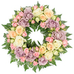 A lush, circular sympathy wreath is captured in clear detail against a plain white background, allowing its colours and textures to speak without distraction. The design forms a complete, unbroken ring, symbolising eternal love and remembrance, a choice often seen at funerals and memorials around Epping and the nearby countryside. The wreath is generously filled with roses of varying sizes and pastel shades: large blossoms in creamy white and warm ivory open fully, revealing intricate spirals of petals, while soft peach tones add a hint of warmth to the cooler palette. Dusty lavender and muted mauve roses are scattered thoughtfully throughout, their slightly antique hue giving the arrangement depth and a contemplative character. Between the larger heads, clusters of blush pink spray roses appear, some tightly closed and others gently unfolding, suggesting moments of memory gradually revealing themselves over time. The flowers rest on a foundation of rich, dark green foliage, likely fern, whose light, feathery fronds weave in and out of the blooms, framing each one and enhancing the perfectly round silhouette. The lighting is even and soft, with no harsh reflections, so the velvety surfaces of the petals and the lacy greenery are easy to distinguish. This wreath, the kind of tribute carefully prepared for same-day delivery to services in and around Epping, conveys calm, respect, and heartfelt condolences, offering a floral expression when words alone may not be enough.