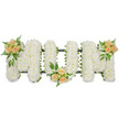 A handcrafted MUM floral tribute stretches horizontally across the frame, each of the three capital letters formed from a dense covering of pure white spray chrysanthemums. Seen against a stark white background, the chrysanthemums create a velvety, almost snow-like surface, with tiny petals overlapping to give a sense of depth and softness. At the edges of the letters, you can just discern a slim dark green ribbon and hints of the supporting frame, revealing the precise florist's work that keeps every stem in place. To soften the cool whiteness, three coordinated clusters of warm peach and blush pink roses have been carefully placed: one rests at the top left corner of the first M, another nestles at the base of the central U, and the final cluster sits at the top right of the last M. These rose accents include a mixture of tight buds and gently opening blooms, encircled by sprigs of fresh greenery and feathery fern leaves that spill slightly over the chrysanthemum edges. The composition feels meticulously balanced, the pastel roses bringing a tender glow to the calm white base. It is easy to imagine this tribute being carried into a quiet service in Epping, perhaps on a route skirting Epping Forest or near the High Street, where family and friends gather to remember a mother with affection. The arrangement's overall effect is tranquil and dignified, expressing love, loss, and gratitude for a mother's life in a way that is both understated and deeply heartfelt.
