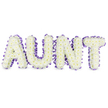 A serene, handcrafted tribute where the letters AUNT stand boldly in uppercase, each letter built from a dense, cloudlike carpet of pristine white spray chrysanthemums. From a short distance the surface reads as pure white; close up, a warm hint of pale yellow centers peeps from the tiny florets, lending a gentle, sunlit heartbeat to the overall calm. The chrysanthemums are layered so tightly their ruffled petals read like soft fabric, creating volume and a muted, tactile hush. Each letter's edge is traced with a deep purple satin ribbon, the ribbon gathered into a delicate ruffle that casts subtle grey shadows and defines the three-dimensional frames against the clean white background. The satin's sheen catches a soft, northern light-imagine the cool, early-morning glow beneath the trees at the edge of Epping Forest-bringing a quiet luminosity to the design. The composition balances respect and warmth: the white suggests purity and remembrance, while the purple trim offers dignity and a personal, comforting touch. There is a faint, green-tinged, almost dewy scent from the fresh chrysanthemums, and the whole piece feels like a gentle embrace meant to console. This is a tribute intended for a funeral or memorial setting, shaped with steady hands to honour a much-loved aunt. If placed on the church hall floor of St John's or beside a tribute table on Epping High Street, the arrangement reads as both formal and deeply personal-an elegant floral message that conveys love, memory, and care without words.