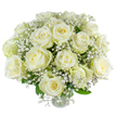 Soft, luminous white roses gather in a hand-tied composition that reads like a quiet poem. Each rose opens in creamy spirals, petals layered with a near-satiny sheen that catches a cool morning light and holds it like a memory; the faintest suggestion of vanilla warms the ivory tones. Threads of baby's breath (gypsophila) drift between the heads - airy, lace-like clouds that give the arrangement a floating, weightless quality and a whisper of delicate scent. Subtle green foliage peeks through, grounding the palette with a fresh, natural coolness and giving the bouquet structure without stealing its gentleness. The overall effect feels calm and reverent, as if someone has gathered the hush of Epping Forest at dawn and translated it into flowers: soft textures, restrained beauty, and a contemplative air. Viewed close, you notice careful stem placement and even spacing that lets each rose breathe; from a little distance, the bouquet reads as a single, tranquil presence. This is a design suited to tender moments - a quiet sympathy, a wedding aisle touched with restraint, or a private anniversary where words are minimal and feeling is everything. Handmade with local sensibility, it offers the reassuring promise that beauty can be both abundant and exquisitely subtle, bringing a pale, luminous comfort into a room without ever losing its poised simplicity.