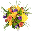 This overhead photograph captures a lush, circular bouquet set against a bright white background, every detail designed to celebrate colour and texture. The arrangement is dominated by sunny yellow roses and generous yellow chrysanthemums, their petals layered and abundant, creating a warm, glowing heart that feels like morning light spilling across Epping's leafy streets. Around and among these golden tones, vivid orange gerbera daisies with dark, ink-like centres bring a lively spark, their broad, flat faces and radiating petals adding a confident, contemporary flair. Crisp lime green button chrysanthemums tuck in between the larger flowers, forming tight, domed clusters that break up the palette with cool freshness, reminiscent of new leaves along the paths of nearby Epping Forest. Deep purple lisianthus flowers weave through the composition, some fully open and softly ruffled, others still in slender buds, introducing a refined touch and a rich, jewel-like contrast to the yellows and oranges. Small bunches of shiny red hypericum berries peep out at intervals, their rounded forms and glossy skins catching light like tiny ornaments, hinting at hedgerows and changing seasons. Fine blades of bear grass spring outward and upward from the dense floral base, creating sweeping lines that give the bouquet a sense of lift and movement, as though it's gently expanding beyond its rounded outline. The overall effect is joyful, uplifting, and full of life, the kind of bouquet that would brighten a home, office, or celebration anywhere in Epping, perfect for sending a message of happiness, encouragement, or heartfelt congratulations.