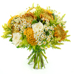 A richly detailed, hand-tied bouquet is shown upright against a bright white background, highlighting every nuance of its warm, autumn-inspired palette. Dominant within the arrangement are large chrysanthemums, their petals layered densely in tones of deep amber, burnished orange, and golden yellow, creating a rounded, almost cushion-like texture that immediately draws the eye. Interspersed among these are creamy white roses, some still tightly furled, others just beginning to open; their soft, velvety petals add a sense of calm refinement and luminous contrast. Threading intriguingly through the design, yellow-orange celosia blooms curl and fold in brain-like, velvety ridges, lending an artistic, sculptural edge to the otherwise classic mix. Clusters of small, white-petalled daisy flowers with sunny yellow centres are scattered throughout, bringing a light, cottage-garden feel, as if they were freshly gathered from the verges near Epping Forest or the open spaces around the town. A generous collar of lime-green solidago and mixed greenery frames the flowers, with feathery sprays and broader leaves creating depth, movement, and a lively freshness that balances the warmer tones. The stems, straight and natural, are carefully aligned and bound with green florist's tape, showing the skill of an experienced hand-tied florist and making the bouquet ready for a favourite vase on a dining or coffee table. The overall impression is warm, joyful, and slightly rustic, a perfect reflection of the changing season and a versatile choice for birthdays, thank-you gifts, or simply bringing a welcoming glow into a home in Epping.