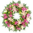 A lush circular wreath, photographed against a pure white background, fills the frame with rich colour and layered texture. The design is dense and complete, forming a continuous ring of flowers that symbolises unbroken remembrance. At the forefront are numerous roses in tones of deep fuchsia, vivid magenta, and softer pink, their petals tightly layered and velvety, with some blooms fully open and others still in bud, suggesting a blend of treasured memories and more recent moments of love. Interwoven with the roses are generous double lilies in shades of cream, blush pink, and pale peach, their large, gently curling petals giving the arrangement a soft, cloud-like appearance. A few unopened lily buds, in bright lime-green, stand upright like quiet sentinels within the design, introducing life and freshness. Beneath and around the blooms lies a thick collar of greenery: feathery dark green fern fronds create a delicate outer edge, while broader glossy leaves and touches of lighter, slightly variegated foliage sit deeper inside, adding contrast and structure. The crisp lighting and clean background highlight every vein, shadow, and curve, as though the wreath has just been finished on the work table at Flowers Epping, ready for same-day delivery to a funeral service or memorial gathering. The mood conveyed is one of gentle comfort and sincere condolence, making this wreath an appropriate choice for families in Epping marking a farewell at local churches, crematoria, or quiet remembrance ceremonies where a dignified floral tribute is desired.