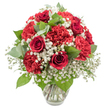 A lush, dome-shaped bouquet of red and white flowers is presented in a clear glass vase, carefully lit against a pristine white backdrop so every petal and leaf stands out with clarity. The heart of the design is formed by rich, deep red roses, their velvety petals tightly wrapped in elegant spirals that speak of timeless romance and enduring affection. Nestled closely around them, full-headed red carnations with frilled, textured petals add generous volume and a soft, layered look, making the bouquet feel indulgent and embracing. Weaving among the red blooms is a mist of pure white baby's breath, its countless tiny flowers creating a light, cloud-like halo that softens the intensity of the crimson tones and introduces a gentle sense of purity and calm. Mixed foliage in various shades of green, from glossy dark rose leaves to subtle, rounded eucalyptus in a cool silvery green, peeks out between the flowers, giving the arrangement structure, depth, and a hint of natural woodland charm reminiscent of the green spaces around Epping. The stems are neatly gathered in a simple, slightly flared glass vase, where clear water and cleanly cut stems are visible, suggesting freshness and expert care. Bright, even lighting enhances the vivid contrast of red against white, casting delicate reflections on the glass and emphasizing the skilled craftsmanship behind the design. This bouquet feels perfectly suited to romantic dinners at home, anniversary celebrations in Epping, or thoughtful same-day deliveries to loved ones nearby, conveying passion, gratitude, and heartfelt emotion in a single, beautifully composed display.