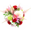 A sumptuous, round bouquet fills the frame of this studio photograph, set against a pristine white background that makes its colours appear vivid and fresh. At the centre, a cluster of deep red roses forms a romantic focal point, their petals tightly coiled and luxuriously velvety, suggesting a message of love and admiration. Radiating outward, pink stargazer lilies stretch their star-like petals, some fully open to show speckled, darker pink centres and prominent stamens, others still in bud, adding elegant height and a sense of unfolding beauty. Surrounding these feature blooms are generous heads of creamy white hydrangea, their softly ruffled petals creating a plush, cloud-like foundation that makes the bouquet feel rich and full. Nestled among them, rounded lime green Green Trick-style flowers add a distinctive, mossy texture and a bright, contemporary note, like a pop of spring colour glimpsed in the gardens around Epping. Delicate sprays of pale pink astilbe rise above and around the main cluster, their feathery plumes giving the arrangement a gentle, airy outline. Scattered throughout are finer touches of lavender and fuchsia-toned filler flowers, which introduce subtle variation and invite closer inspection. Layers of glossy dark green leaves and lighter, ferny foliage cradle the blooms, adding depth and a fresh-from-the-garden feel, as though the bouquet has just been arranged by an expert local florist on Epping High Street. The overall effect is celebratory yet refined, ideal as an elegant gift for a Valentine's evening, a special anniversary dinner, or a thoughtful gesture delivered to family and friends across the Epping area.