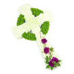 A floral Celtic cross tribute is shown in a clear, uncluttered studio setting, resting against a brilliant white background so that the form and colours are easy to imagine. The cross shape is fully defined by closely packed white chrysanthemums, their small, rounded heads placed so tightly that they create a smooth, slightly domed cushion across the arms and central stem. The whiteness is calm and luminous rather than stark, suggesting purity and quiet solace, much like a peaceful walk through the lanes of Epping on a still afternoon. Running through this white surface is a pattern of vivid lime-green button chrysanthemums, arranged with precision to outline the circular halo of the Celtic cross and portions of its knotwork. These petite, globe-like blooms punctuate the design with fresh green energy, evoking new leaves in Epping Forest and symbolising renewal and hope. Towards the lower part of the vertical arm, a cascade of deep magenta-purple carnations sweeps gently on a diagonal. Each carnation head is full and ruffled, its velvety petals bringing depth and emotional warmth to the tribute. Fine strands of dark green foliage and slender, twig-like tendrils weave between the purple flowers and across the white base, softening the edges and adding a natural, garden-like movement. The lighting is bright and even, revealing the crisp detail of each petal and suggesting flowers that have been freshly arranged for a funeral or memorial. This Celtic cross design would be a thoughtful sympathy arrangement for services in Epping, offering a meaningful expression of faith, remembrance, and lasting affection for the person being honoured.