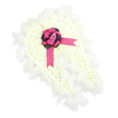 In this image, a tender angel-wing funeral arrangement rests against a plain white background, its form and symbolism expressed entirely through flowers and delicate detailing. The wings themselves are shaped from a mass of miniature white blooms, most likely spray chrysanthemums, arranged so densely that no gaps can be seen, giving the impression of a soft, cushioned surface like freshly laid snow along the paths of Epping Forest. Each blossom shows a tiny suggestion of green at its core, a reminder of living growth amid the stillness of farewell. The perimeter of the wings is lined with gentle white feathers, creating a soft, feathery outline that evokes the idea of a guardian angel watching over a loved one. At the centre, where the two wings converge, a bold fuchsia satin ribbon has been tied into a generous bow, its loops full and rounded, its tails trailing gracefully across the sea of white petals. Resting within this bow is a single, dusky pink rosebud, slightly closed and beautifully formed, carrying the emotion of unspoken words and lasting devotion. Beneath the rose, a small cluster of deep violet thistle-like heads or textured foliage stands out against the white flowers, adding depth and a touch of quiet strength, much like the steadfast community spirit felt around Epping High Street and the local churches. The composition is calm, spiritual, and carefully balanced, making it an ideal choice for families seeking a meaningful floral tribute that honours the memory of someone dearly missed, yet gently suggests peace and safe passage.