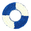 A lifebuoy-shaped floral wreath is shown in crisp detail against a bright white backdrop, its simple circle carrying a wealth of meaning often associated with remembrance services in and around Epping. The entire ring is formed from densely massed, small-headed blooms that read as chrysanthemums, each flower carefully angled so that the petals knit together into a soft, luxurious surface. The colour layout is bold and instantly recognisable: four equal panels alternate between saturated royal blue and clear white, echoing the look of a traditional life ring used at sea. The blue sections, positioned at the top left and bottom right, create deep pools of colour, while the opposing white segments keep the design bright and clean, offering a sense of light and air. Running along the inner rim is a narrow ribbon in a matching dark blue, neatly pleated into fine ruffles that trace the inner circle and deepen the nautical impression. The hollow centre remains uncluttered, its emptiness providing a quiet focal point and a place, metaphorically, for personal memories. Gentle, even lighting means there are no harsh shadows-just soft highlights that bring out the texture of each petal and the subtle sheen of the ribbon. The overall effect is dignified yet comforting, ideal as a funeral or memorial tribute for someone with ties to sailing, the navy, lifeguarding, or a symbolic 'lifeline' role within their family. It is easy to imagine this wreath resting near the front of a chapel in Epping, silently expressing themes of guidance, protection and a peaceful journey onward.