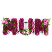 A beautifully composed floral arrangement spells out the word MUM in three substantial letters, each one crafted entirely from flowers and photographed against a clear, white background. The main body of each letter is packed with hundreds of deep pink and purple spray chrysanthemums, arranged so closely that no gaps show, creating a rich, velvety field of colour. Tiny lime-green centres dot the blooms, adding a fresh, lively contrast that brings the tribute gently to life. Around the outer edges, a pale pink ruffled ribbon is neatly wrapped, following every angle and curve, giving the letters a soft border and a sense of careful, loving craftsmanship often seen in tributes prepared by Epping's local florists for family funerals and memorials. On the first M, a spray of lighter pink roses with softly unfurling petals sits at the top-left corner, nestled into bright fern foliage and glossy leaves, offering a gentle shift in tone and texture. The central U holds a more understated embellishment at its lower curve: a small yet expressive grouping of blush roses, creamy white flowers and fresh greenery, almost like a corsage resting at the base. The second M echoes the first with another cluster of elegant pink roses and greenery on its top-right edge, completing the overall symmetry. The lighting is even and calm, revealing the intricate textures of chrysanthemum petals and the smooth sheen of rose petals. This MUM floral tribute, suitable for services in Epping, Theydon Mount or surrounding Essex churches, expresses deep affection, remembrance and gratitude for a beloved mother, standing as a gentle focal point at a funeral, wake or graveside farewell.