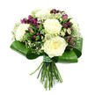 A stylish, hand-tied bouquet stands out sharply against a bright white background, its refined mix of white, purple, and green creating a calm yet striking visual. At the centre are large, fully blossomed roses in a soft creamy white, their many layered petals forming plush, rounded blooms that immediately draw the eye. Woven between them are vivid deep purple alstroemeria, some already open and showing off their speckled throats and delicate inner markings, others still in sleek buds that introduce a sense of anticipation and depth. Fine sprays of white baby's breath are dispersed throughout the bouquet, their tiny clustered blossoms lending a light, airy feel, like a gentle mist around the larger flowers. Adding textural contrast are a few distinctive spiky, astrantia- or thistle-like filler flowers in soft green and white, providing a subtle hint of wild meadow character while keeping the overall look polished. All of the blossoms sit beautifully within a broad, glossy collar of rich green leaves, carefully curved and wrapped around the base of the flower heads to form a smooth, modern frame. Below this structured green band, the fresh stems are trimmed evenly and bound tightly with a green and white patterned ribbon, creating a clean, professional finish that suggests the work of a skilled florist. The neutral, studio-style lighting captures every detail clearly, giving the impression that this bouquet is ready to leave an Epping workshop for same-day delivery as a sophisticated birthday surprise, an anniversary gesture, or a gentle expression of sympathy.