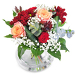 This elegantly composed bouquet is a sensory tapestry born of Epping's natural charm, its design resonating with both community warmth and refined artistry. Dominating the ensemble are two sumptuous apricot-hued roses, their soft, creamy petals brushing gracefully against each other, each layer unfolding like the gentle sunrise seen from Epping's outskirts. Lower in the gathering, a deep-flushed red rose provides a secretive allure, conjuring an intimate sense of love and nostalgia. Interwoven throughout, plush burgundy chrysanthemums lend depth and drama, their finely ruffled petals boasting the vibrancy of a late autumn afternoon. Twinkling among these is delicate white gypsophila, giving the arrangement an ethereal, airy balance, much like morning mist over local fields. Lush green foliage, glossy and robust, hugs the bouquet, while silvery eucalyptus sprigs peek through with cool, rounded leaves and a crisp, herbal fragrance - a subtle nod to the fresh breezes drifting down Epping's lanes. Tucked within, rich plum-toned succulent greens enrich the mix, introducing hints of mystery and sophistication. Gathered in a beautifully rounded, clear glass vase, the trimmed stems are submerged in water, keeping the bouquet vibrant and alive. This floral design is ideal for marking life's special chapters, from heartfelt birthday surprises to expressions of gratitude or love, bringing a touch of Epping's vibrant beauty into every home.