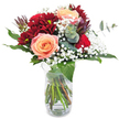 Bringing together the essence of Epping in floral form, this bouquet immediately draws attention with its vivid interplay of velvety burgundy chrysanthemums and luscious peach roses. At the heart, three large peach-toned roses unfold with buttery softness, their gentle curves radiating warmth and quiet romance-like the first light on a morning stroll through Epping Forest. Framed by clusters of dark red chrysanthemums, each with ruffled, plush petals, the arrangement holds a subtle drama and luxurious depth. Accents of baby's breath scatter like a fine mist, their minuscule white florets encircling the central blooms with an air of purity and innocence. Glossy leaves and cool sprigs of eucalyptus interlace throughout, offering a refreshing scent that conjures memories of local parks and rainy afternoons near Epping Station. Set in a clear glass vase, the tangled stems underscore the bouquet's natural, freshly gathered feel. Whether for a romantic gesture, heartfelt birthday, or just to add thoughtful elegance to a local Epping home, this arrangement radiates sincere artistry and the unmistakable touch of the town's dedicated florists.